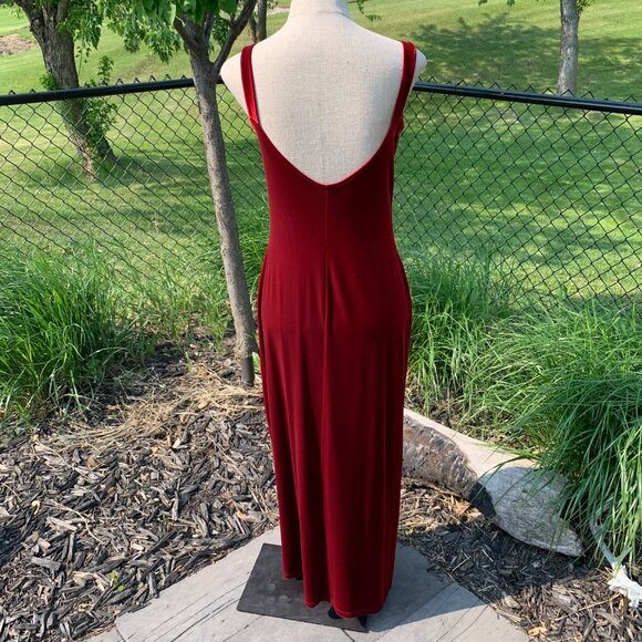Vintage 90s Red Velvet Maxi Slip Dress Square Neck Glitter Side Slit Long Gown - Picture 8 of 16